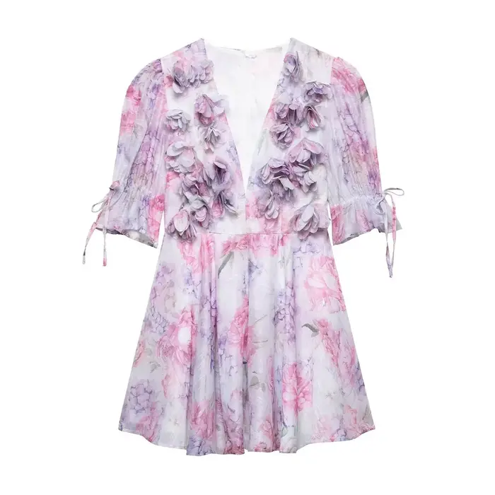 Robe Courte Élégante Style Français Imprimé Floral 3D Ornée Col V avec Ceinture en Polyester – Collection Été 2025