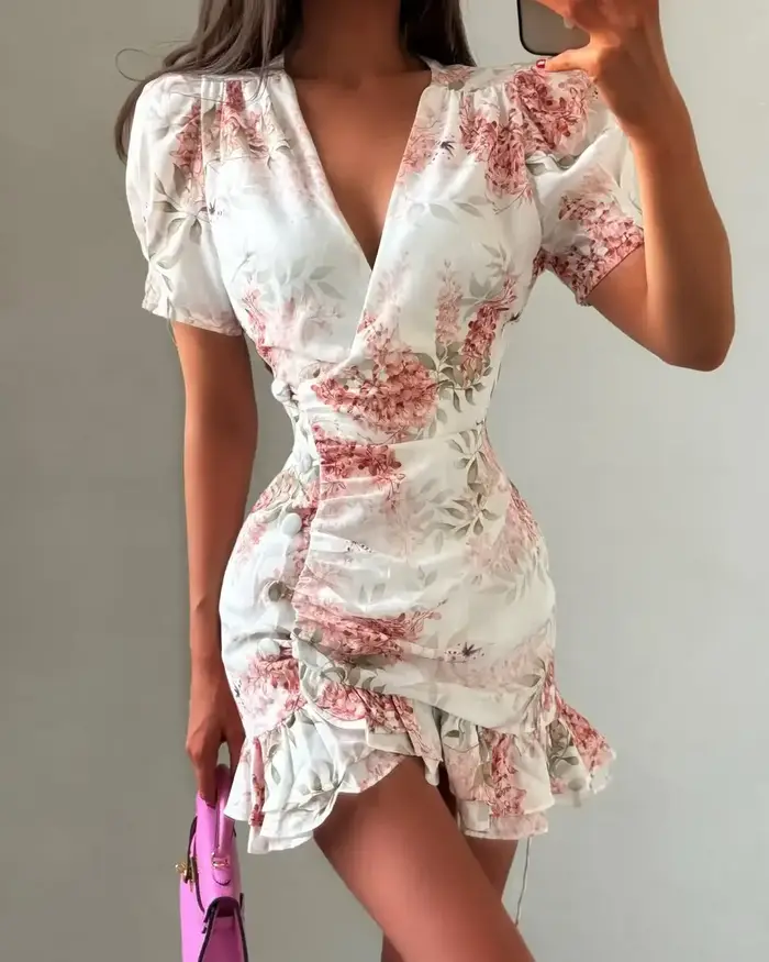 Robe Courte Chic à Volants Imprimés pour Femme