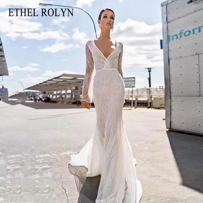ETHEL ROLYN robe De mariée sirène charmante col en v perlé Tulle