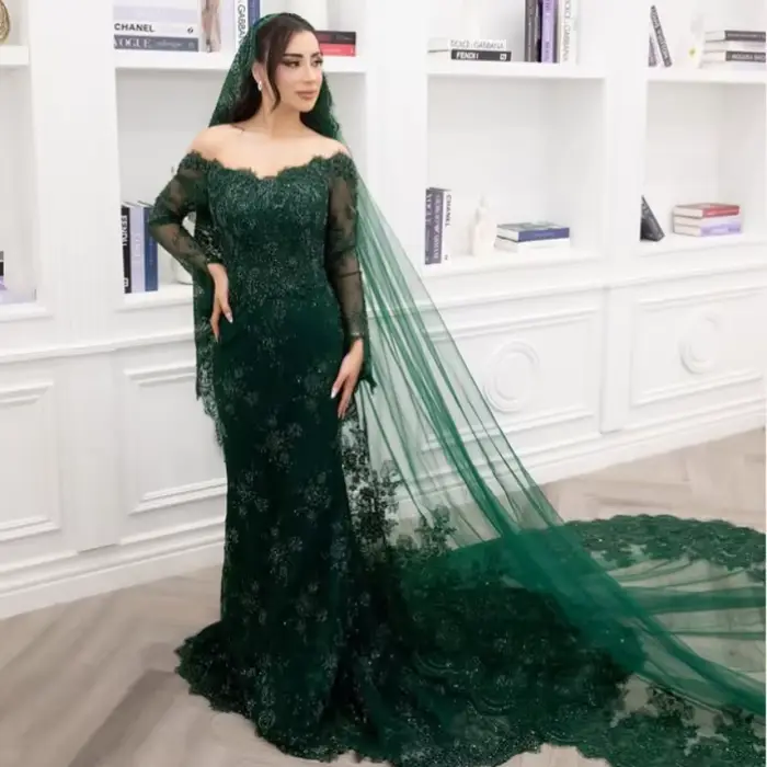 Robe de mariée afghane verte exquise, transparente, à manches longues, avec dentelle perlée, pour le