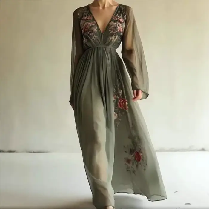 Robe bohème décontractée en polyester avec col en V et plis pour femmes - Maxi robe de soirée et de festival