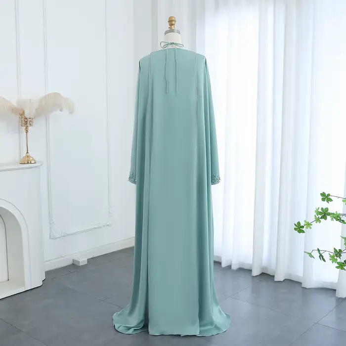 Robe Sharon Said de Luxe à Col Licou Vert Sauge avec Perles et Cristaux pour Soirées Officielles et Mariages