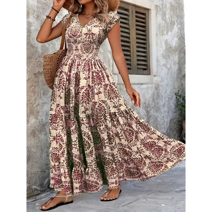 Robe longue style bohémien, imprimé Floral, col en v, manches courtes, jupe surdimensionnée à volant