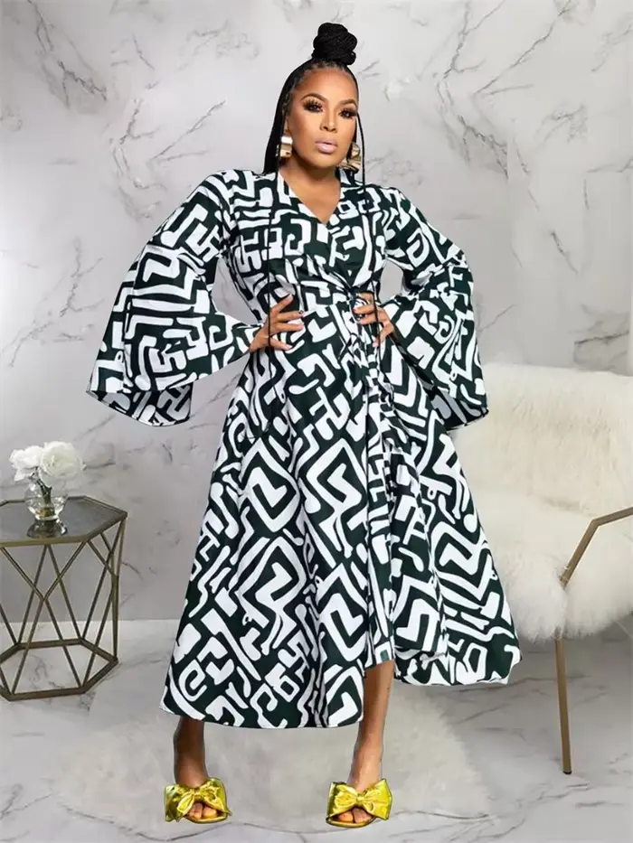 Robe maxi à manches longues évasées pour femmes, robes grande taille, col en V, imprimé dame élégant