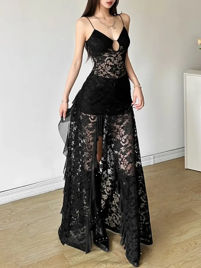 Robes longues en dentelle noire unie pour femmes
