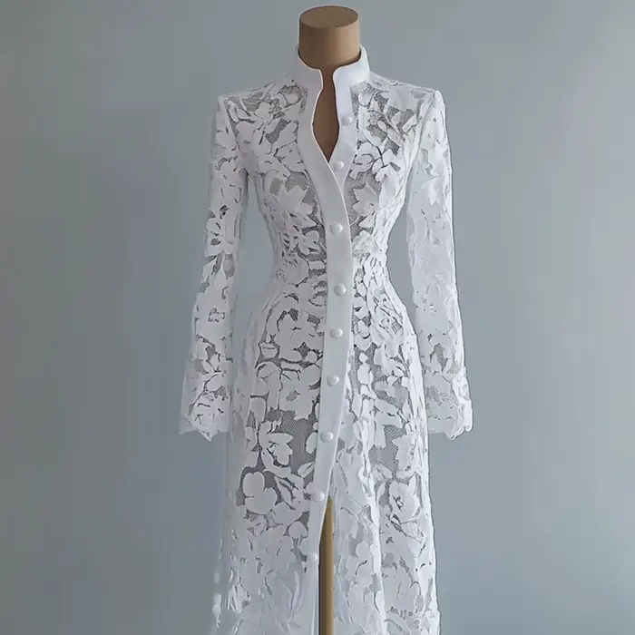 Robe en dentelle avec col montant et volants pour femmes, style American Retro, pour les occasions spéciales automnales et hivernales ```