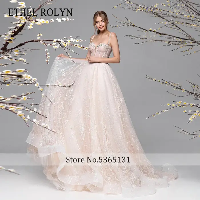 ETHEL ROLYN a-ligne robes De mariée pour femme bretelles Spaghetti Appliques scintillant Tulle rose robe