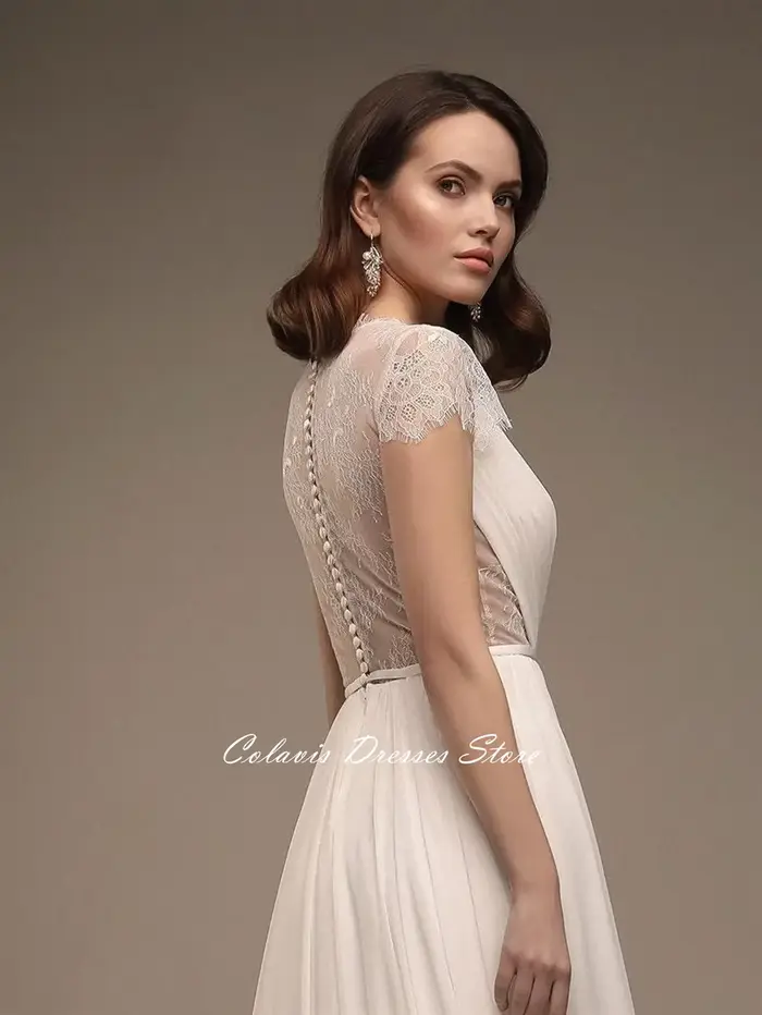 Fanan Style grec bohême dentelle robe De mariée personnalisé en mousseline De soie balayage Train boutons