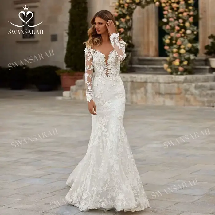 Robe de mariée sirène SwanSarah M0.25 en polyester, avec manches longues, fleurs 3D, soutien-gorge intégré, pour femmes enceintes, occasions spéciales, mariage traditionnel, cérémonies de fiançailles, événements de charité