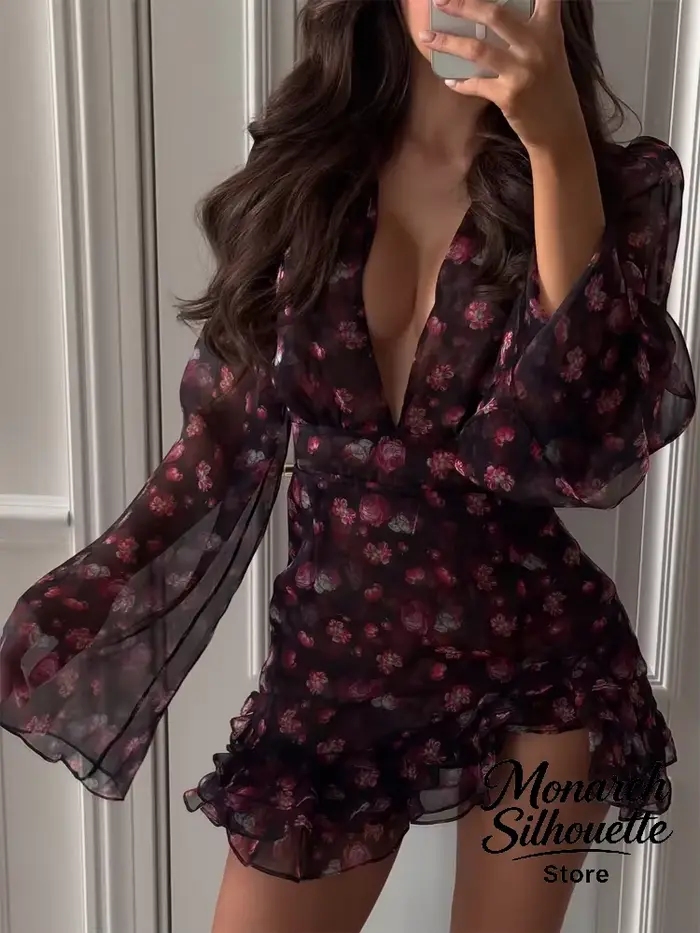 Robe moulante à volants peinte à la main Sexy Flora pour femmes