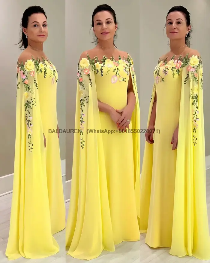 Robe de soirée personnalisée jaune avec appliques de feuilles pour mère de la mariée, silhouette en ligne, mousseline, soutien-gorge intégré, sans manches, occasions spéciales et cérémonies de mariage