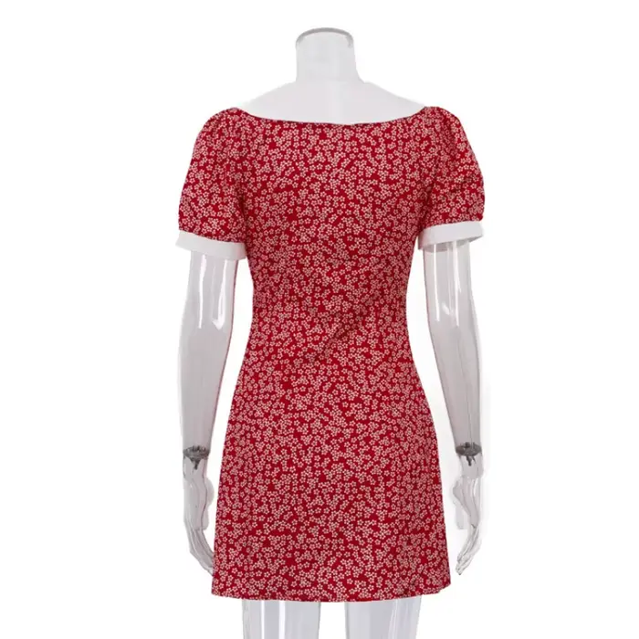 Robe moulante courte à imprimé floral style français élégante pour femmes été décontractée vintage col Peter Pan manches courtes boutonnée occassions spéciales