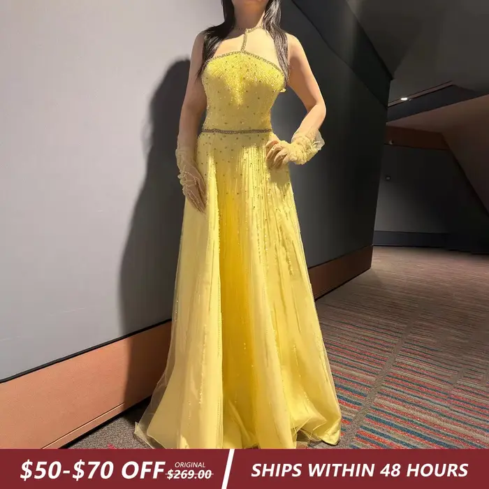 Robe de soirée de luxe jaune perlée et scintillante Sharon Said