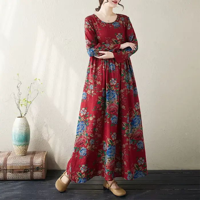 Robe longue en lin de coton imprimé bohème pour femmes, robe florale, robes Maxi, grande taille, prê