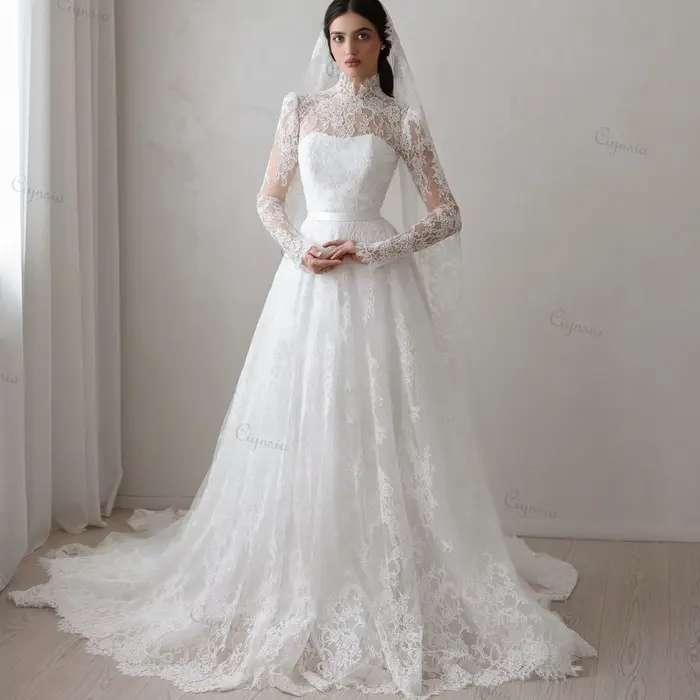 Robe de mariée Ciynsia en dentelle avec train de balayage, coupe trapèze, col montant, manches longues pour mariage et événements spéciaux