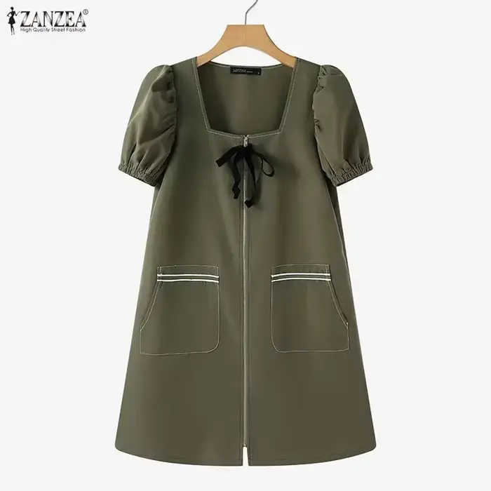 Robe ZANZEA élégante pour femme, col carré, manches courtes bouffantes, polyester, longueur genou, style urbain, solide, pour le travail ou les loisirs, collection été 2026