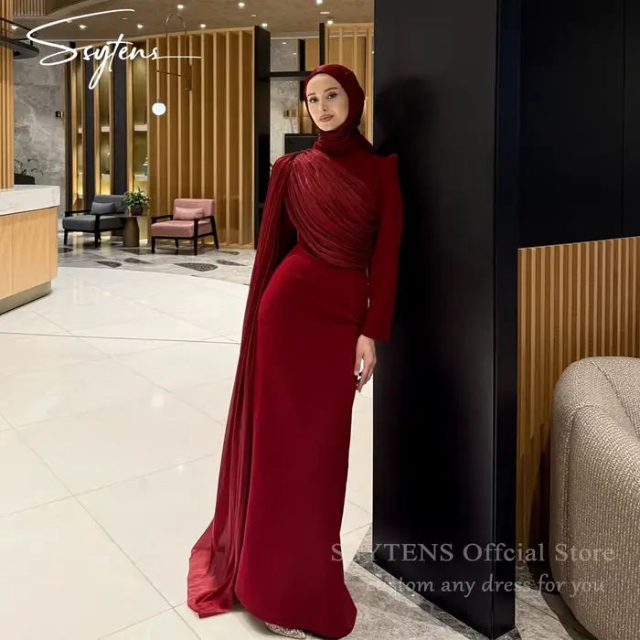 SSYTENS modeste bordeaux robes de soirée manches longues plissé musulman robe de bal Hijab col rond