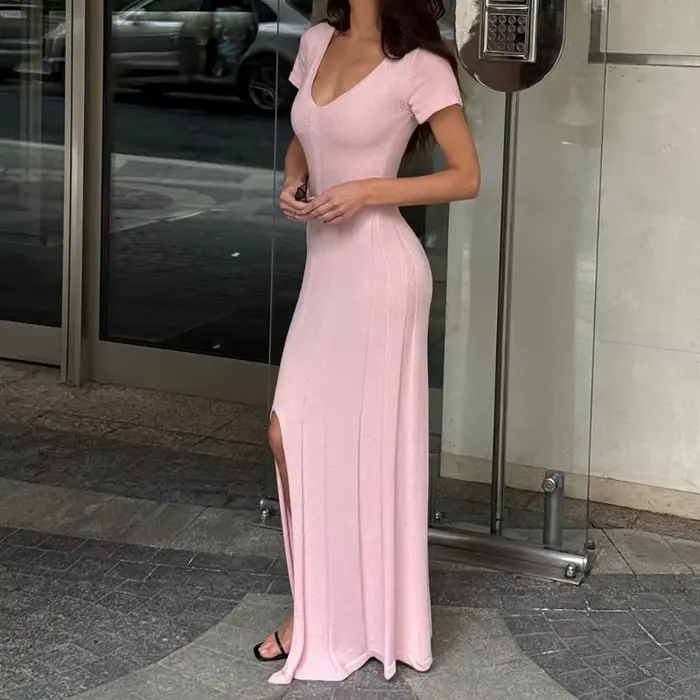 Robe longue côtelée Tsiisd pour femme, col en V profond, coupe ajustée, fente haute, élégante, patch