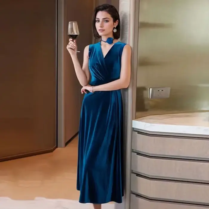 Robe en velours doré à la mode col en V sans manches pour femmes printemps automne soirée mariage occasionnels