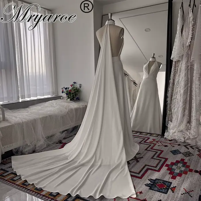 Robes de mariée Mryarce à col halter, décolleté plongeant, dos nu, coupe trapèze, avec ailes amovibl