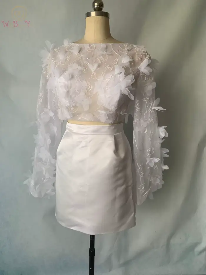 Robe De mariée courte faite à la main fleurs 3D dentelle manches longues robes