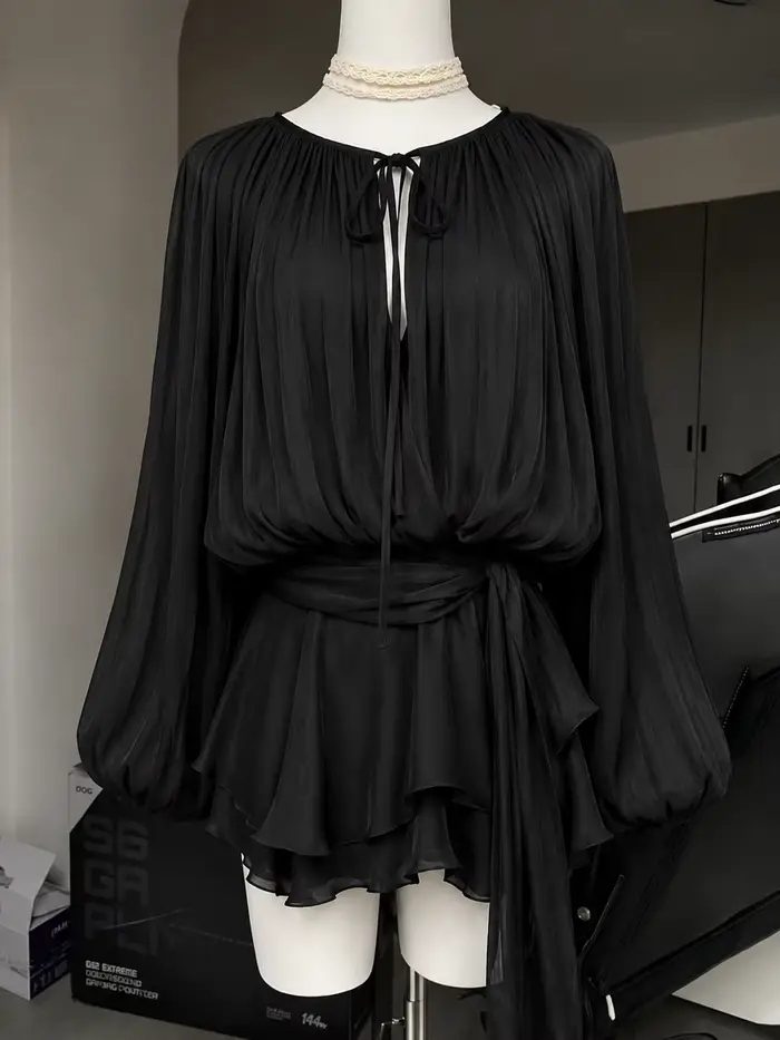 Robe élégante vintage noire en mousseline de soie à manches longues et col en V pour femme, idéale p