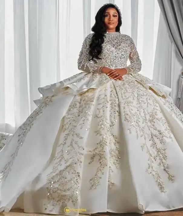 Robe de Mariée Arabe à Paillettes, Manches sulf, pour Patients Africains, Bouffante, à Volants, Duba
