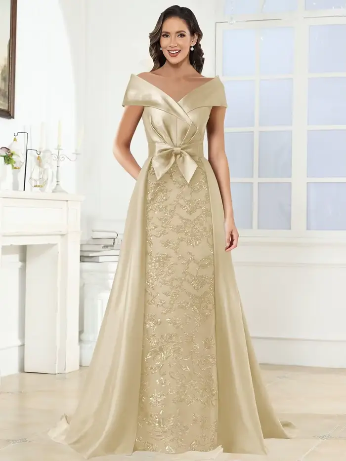 Robes mère de la mariée personnalisées à épaules dénudées pour femmes, longue robe d'invité de mariage formelle à paillettes en Satin avec nœud de Train