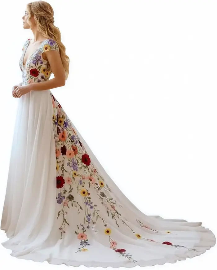 Robe de mariée bohème chic personnalisée en polyester avec broderies florales colorées, train de balayage/brosse, col en V et soutien-gorge intégré pour femmes grandes occasions spéciales