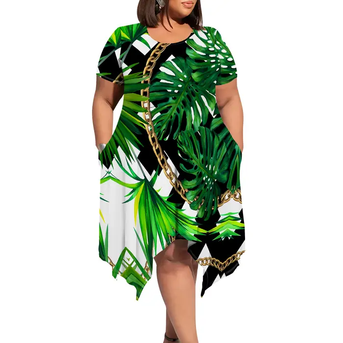 Robe mi-longue à imprimé hawaïen tropical – Manches courtes