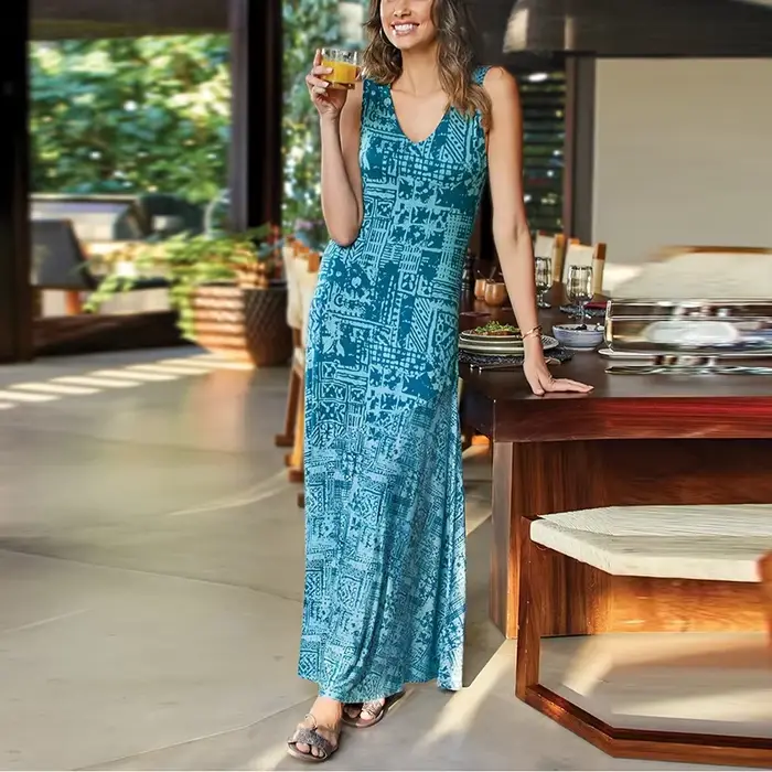Robe longue imprimée Vintage pour femmes, sans manches, col en V, mode été, robes de soirée de plage