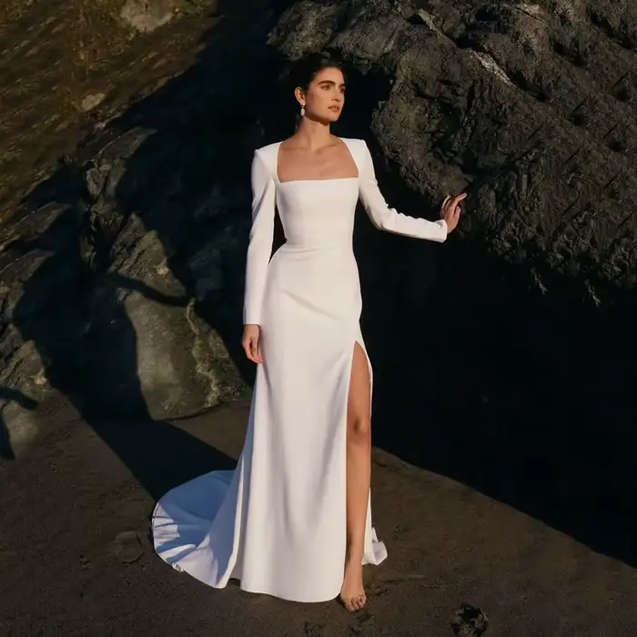 Civil 2025 crêpe sirène robes de mariée haute fente formelle robe de soirée de mariage manches longu