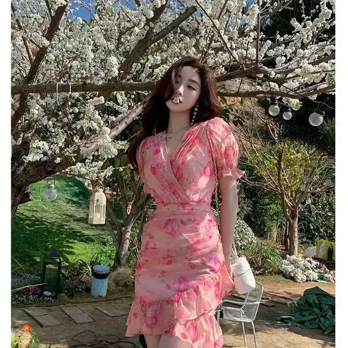 Robe portefeuille à volants imprimé floral rose pour femmes printemps automne élégante occassions spéciales