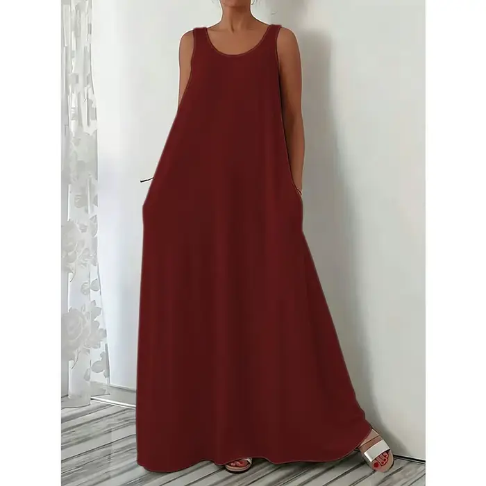 Robe maxi bohème de plage pour femmes, décontractée, sans manches, col rond, couleur unie, robe d'ét