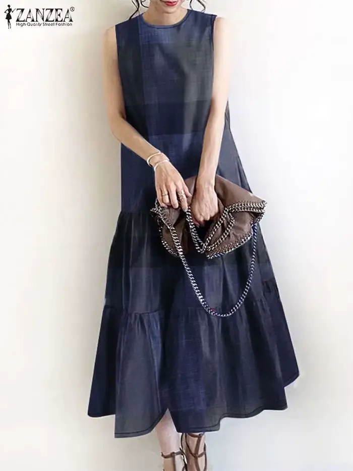 Robe mi-longue vintage à carreaux pour femmes
