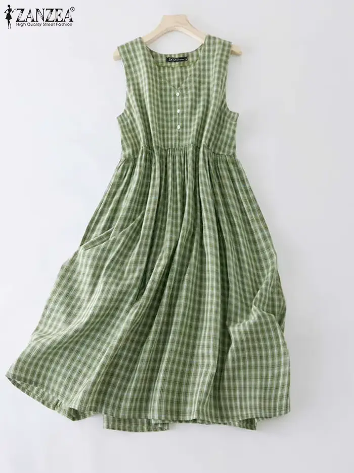 ZANZEA bohème femmes Robe longue décontracté été sans manches Vintage Plaid