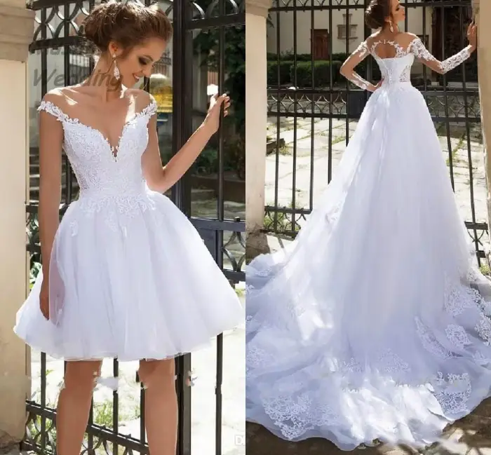 Robe de Mariée Courte en Dentelle, Deux Pièces, avec Poignées, Traîne Amovible, Sexy, Dos aux, Plage