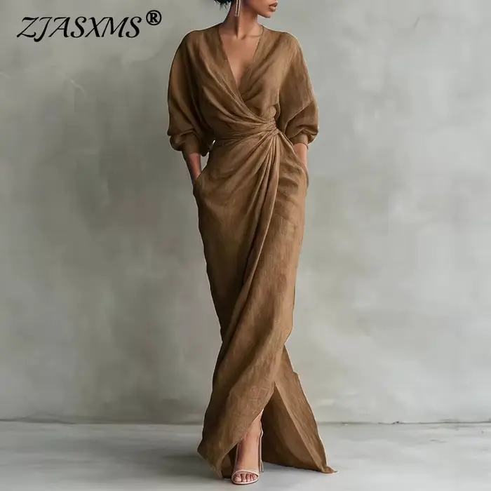 Robe longue moulante élégante pour femme, col en V, taille nouée, manches longues, couleur unie, style décontracté, idéale pour les soirées, la plage, les vacances et les événements décontractés