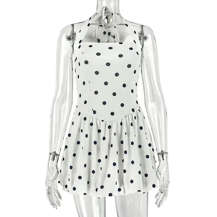 Robe élégante à col halter pour femme, imprimé pois noir et blanc, jupe trapèze, taille haute, fronc