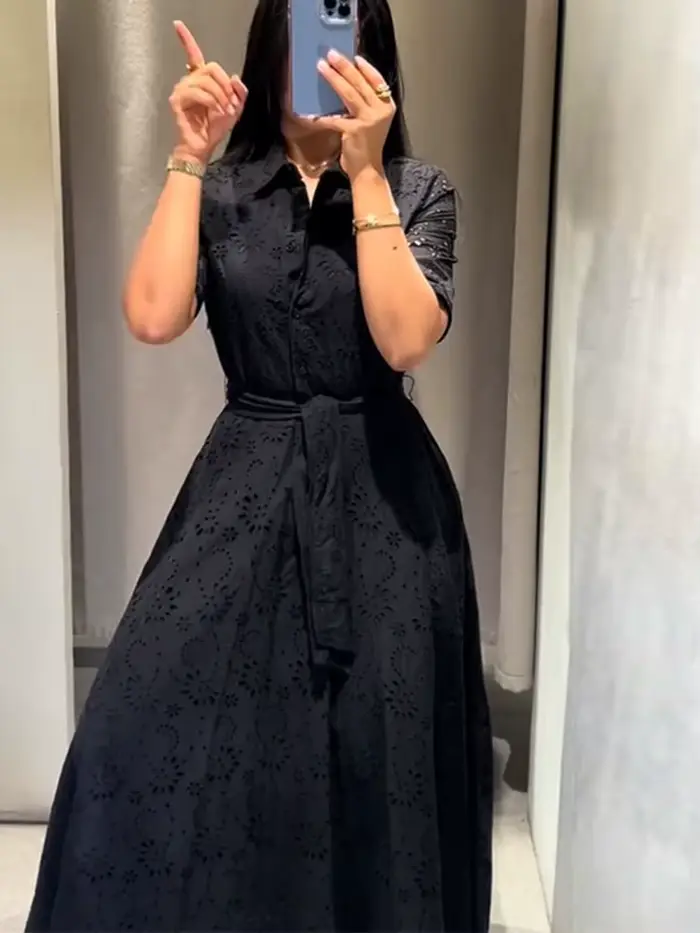 Robe longue noire classique pour femme avec lacets et col rabattu coupe ajustée occasionnelle soirée spéciale