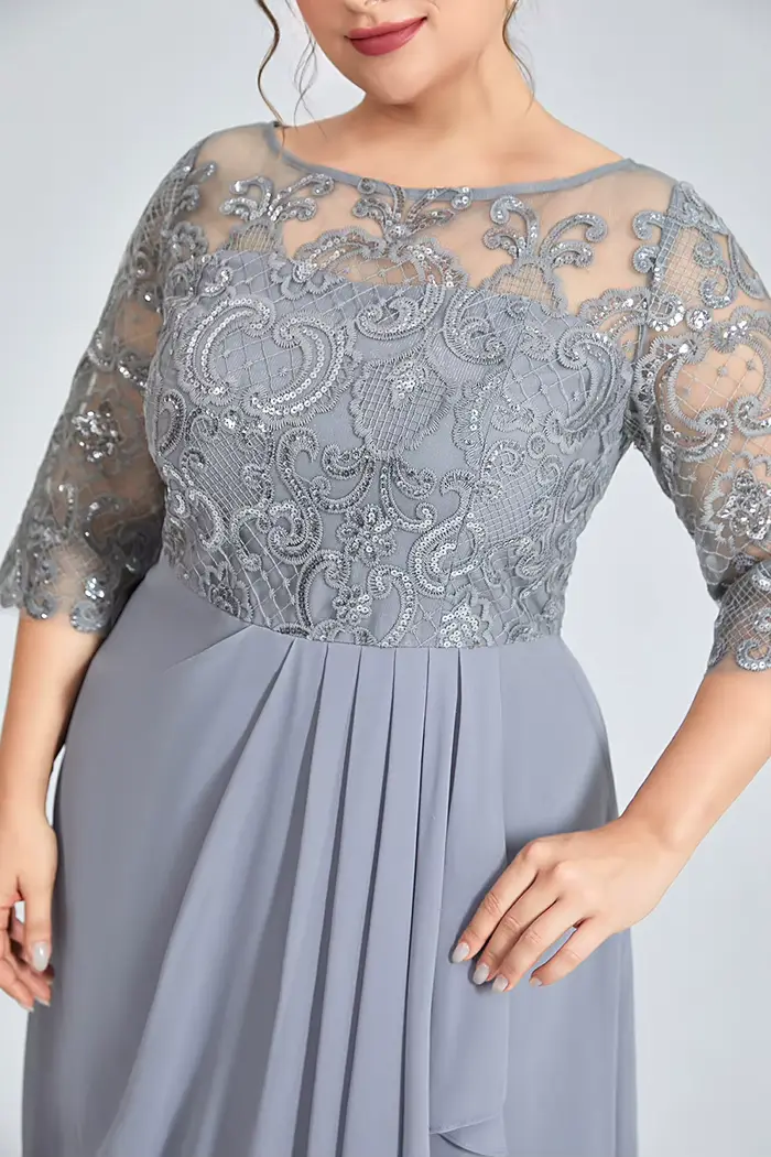 Flycurvy grande taille femme formelle gris dentelle couture mousseline de soie à volants invité de mariage robe Maxi
