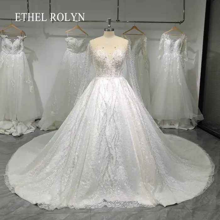 Robe de mariée de luxe royale ETHEL ROLYN avec photos réelles, paillettes étincelantes, perles et tr