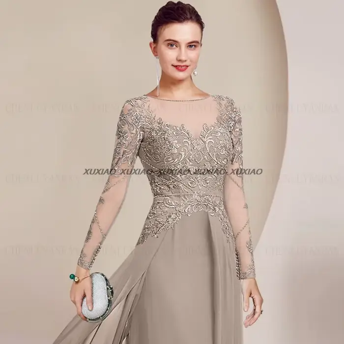 Robe de mère de la mariée en mousseline de soie élégante pour femmes, longue, manches longues, formelle, occassions spéciales, mariage, design personnalisable, soutien-gorge intégré