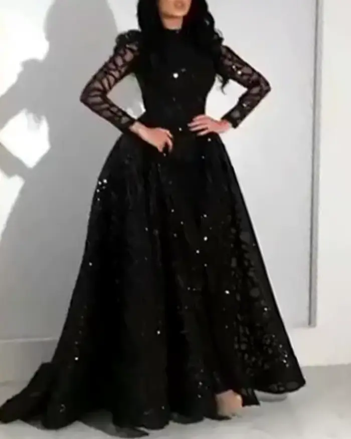 Robe de soirée à paillettes pour femme, polyester extensible, manches longues, élégante, grande balançoire, noir, été, soirées, cérémonies