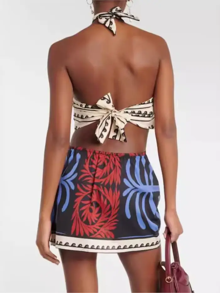 Nouvelle Robe Courte Bohème Imprimée à Col Halter pour Femme