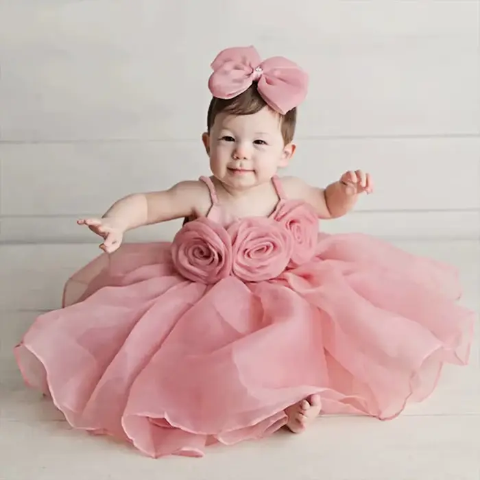 Robe de Cérémonie Rose à Grandes Fleurs pour Bébé Fille, Vêtements de 1er Anniversaire, pour Baptême