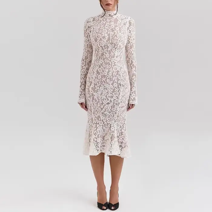 Robe mi-longue sexy en dentelle à manches longues pour femmes, col mi-haut blanc élégant, taille hau