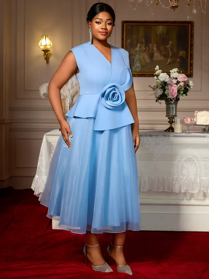 Robe bleue élégante en polyester une ligne tulle 3D fleur col en V peplum pour femmes grandes tailles occasions spéciales mariage soirée de gala