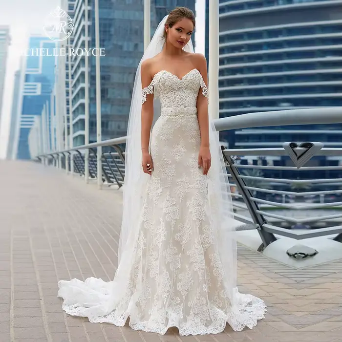 Michelle Royce robes De mariée sirène chérie hors De l'épaule à lacets nœud chapelle Train robes De 