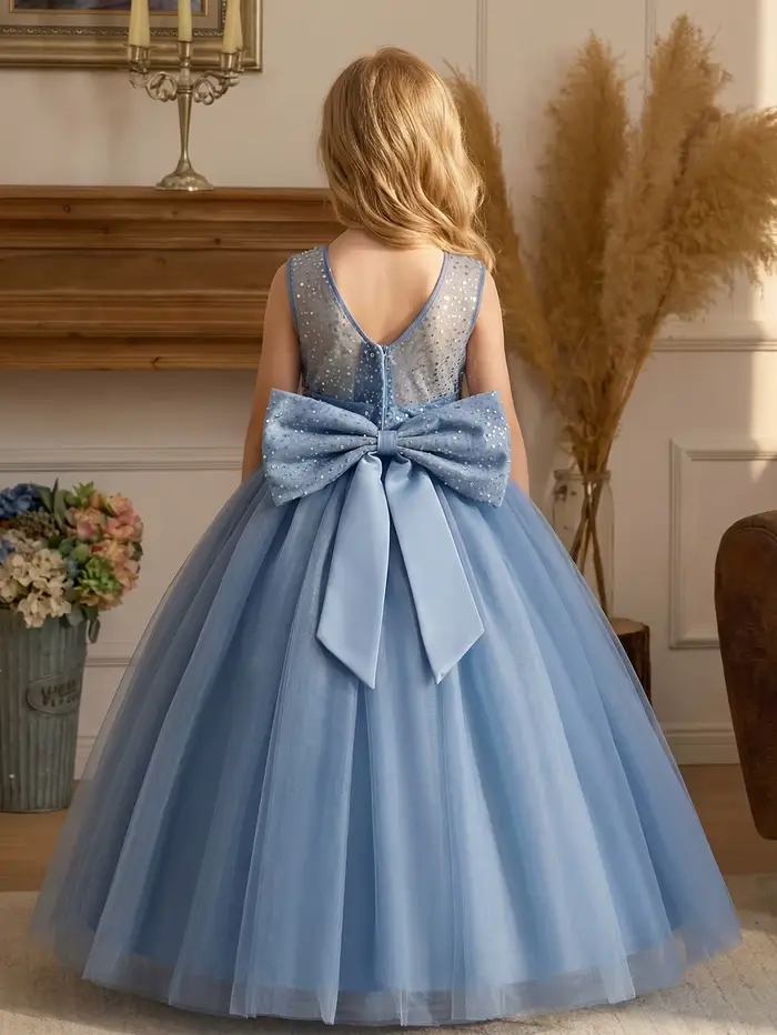 Robe de soirée longue gris-bleu pour filles avec grand nœud et col en V – Une magnifique robe de soirée pour anniversaire, bal, banquet